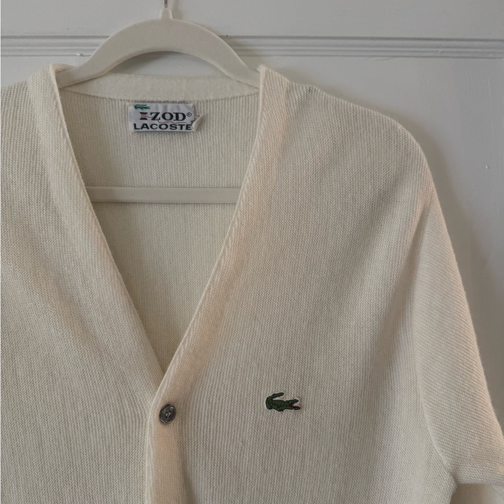 IZOD LACOSTE Vintage 70s/80s Cream/Off-White Preppy Knit Cardigan Men’s Large - Picture 2 of 7